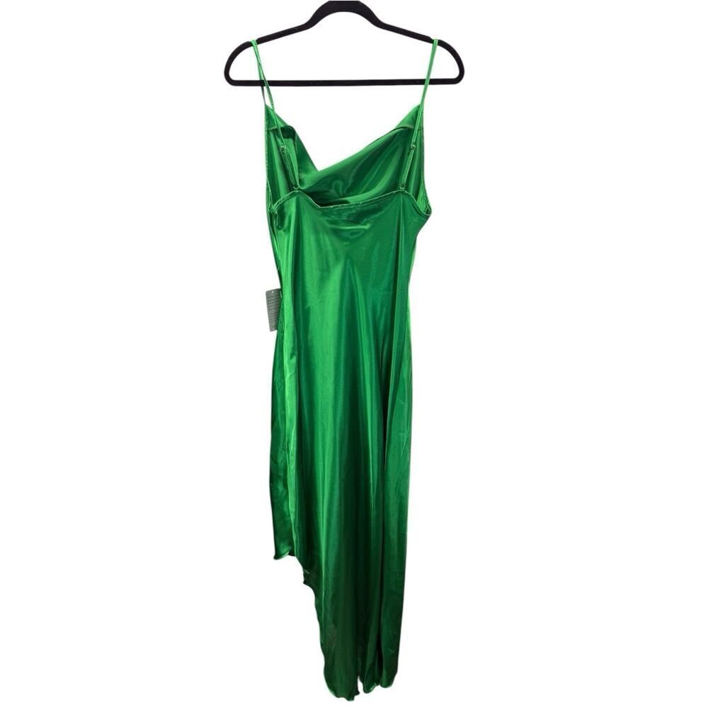 NWT bebe Green Satin Slip Dress Asymmetrical Hem Cowl Neck Maxi Large - Picture 5 of 6